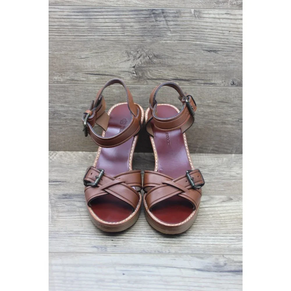 Bawcock wood leather adjustable buckle cross strap wedge sandals‎ 37